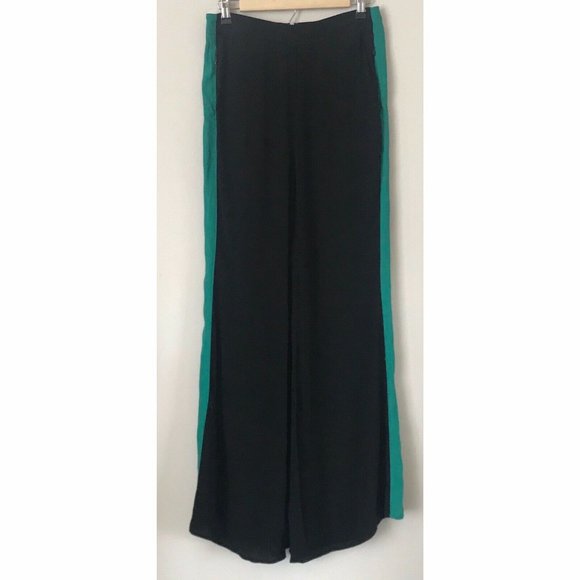 ANTHROPOLOGIE ett twa Women’s HIGH WAISTED FLARE TRACK PANTS BLACK GREEN SIZE 8 - Picture 5 of 9